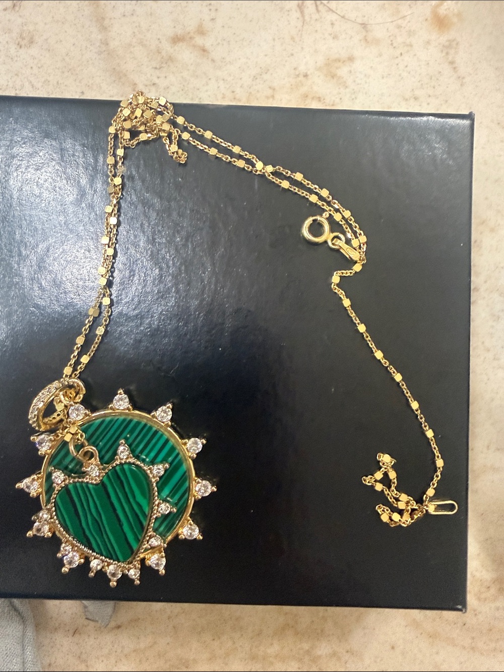 Gold-Plated Green Heart Pendant Necklace with Crystal Accents